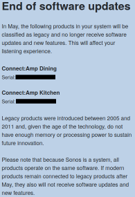 Sonos email - end of software updates